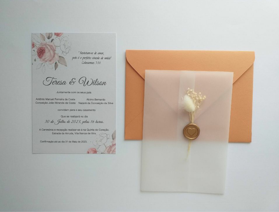 Convite de Casamento Floral 2 cores com envelope terracota e selo de lacre dourado Catia Silva Atelier