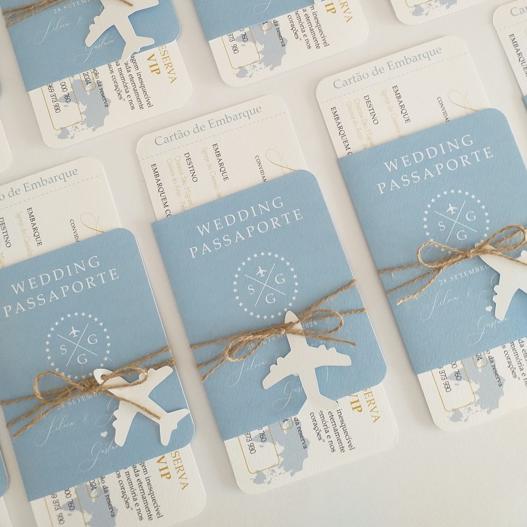CONVITE VIAGEM AZUL SERENITY Convite de batizado viagem azul personalizável estilo passaporte Catia Silva Atelier