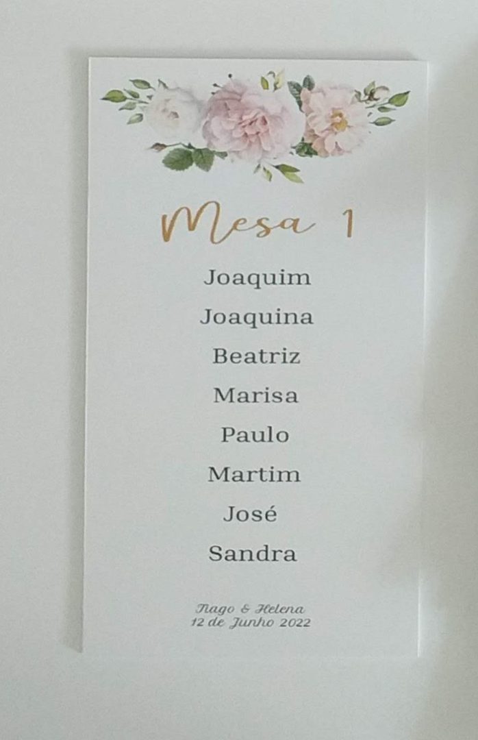Placard de mesas cartões floral branco com rosas blush e nomes dos convidados Cátia Silva Atelier.