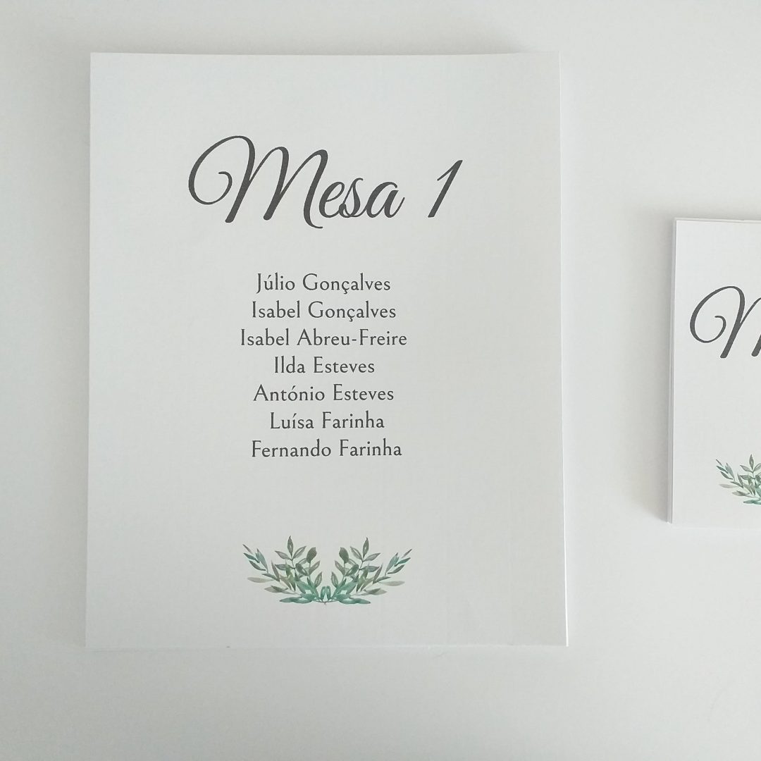 Placard de mesas cartões folhagem branco com ilustração botânica verde e lista de convidados Cátia Silva Atelier