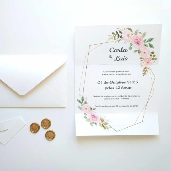 Convite de Casamento Floral 2 Dobras com moldura geométrica e selo de lacre dourado Catia Silva Atelier