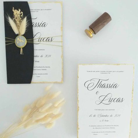 Convite de Casamento Clássico Ouro com bordas em folha de ouro e flores secas Cátia Silva Atelier
