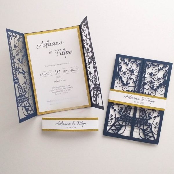 Convite de casamento Paris azul marinho recortado a laser com Torre Eiffel e brilho dourado Cátia Silva Atelier
