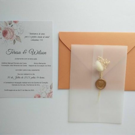 Convite de Casamento Floral 2 cores com envelope terracota e selo de lacre dourado Catia Silva Atelier