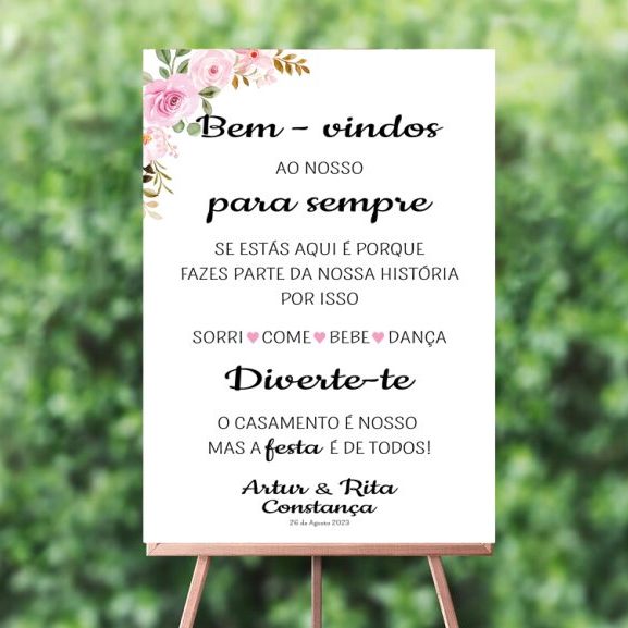 Placard boas-vindas Casamento floral personalizado com rosas e nomes Artur e Rita Cátia Silva Atelier