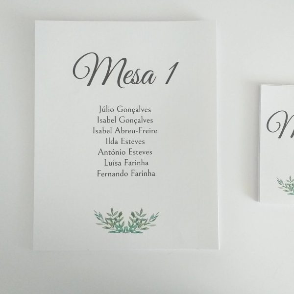 Placard de mesas cartões folhagem branco com ilustração botânica verde e lista de convidados Cátia Silva Atelier