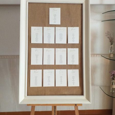 Placard de mesas cartões viagem em papel texturado sobre painel de serrapilheira Cátia Silva Atelier